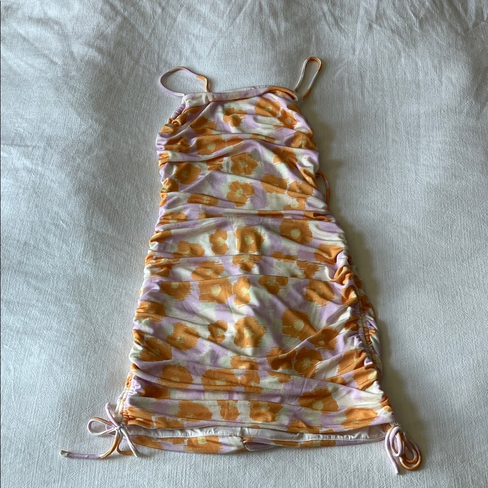 SABO Floral Ruched Mini Dress with Strappy Open Back, Size L (AUS 12/US 8)